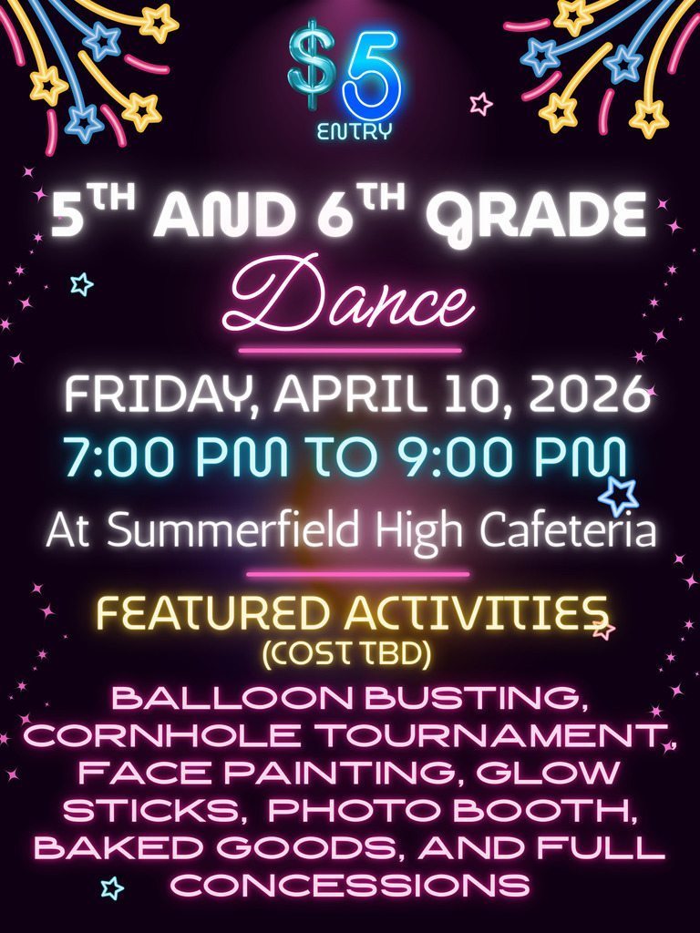 Tonight is the night! 5th/6th Grade Dance at the HS - 7pm - 9pm $5 admission at the door!