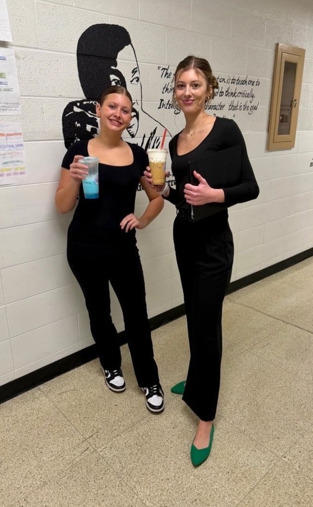 The Stage Managers Ab and Charlee pose with their pre-show refreshments 