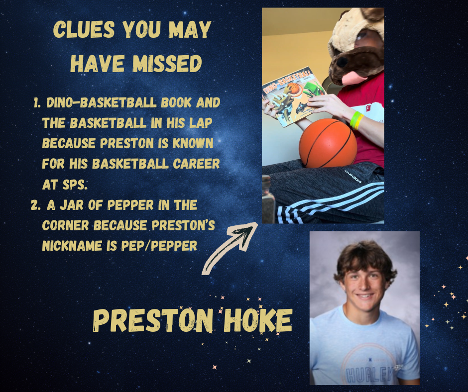 Preston Hoke--the Dog Wildcard Masked Reader.  Clues include the basketball and basketball book because Preston is known for his basketball career at Summerland and a jar a pepper in the corner because Pepper is Preston's nickname.