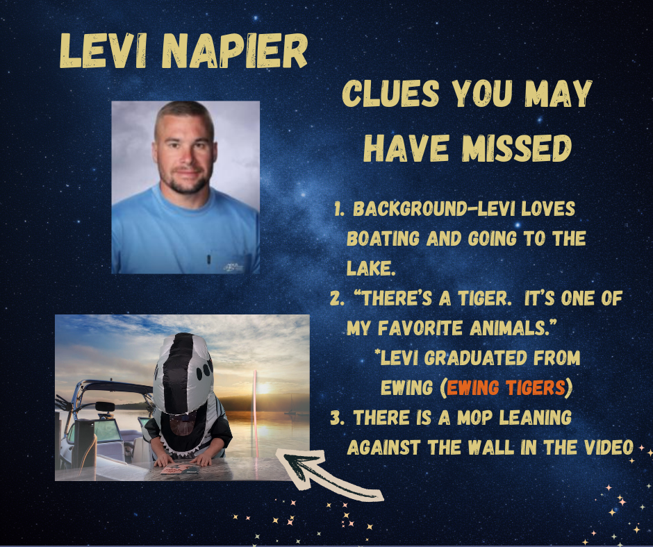 Levi Napier is the Dinosaur.  Clues include the background of a lake scene because Levi loves going to the lake, the reference Levi makes to a tiger because he graduated from Ewing, and a mop leaning on the wall in the background.