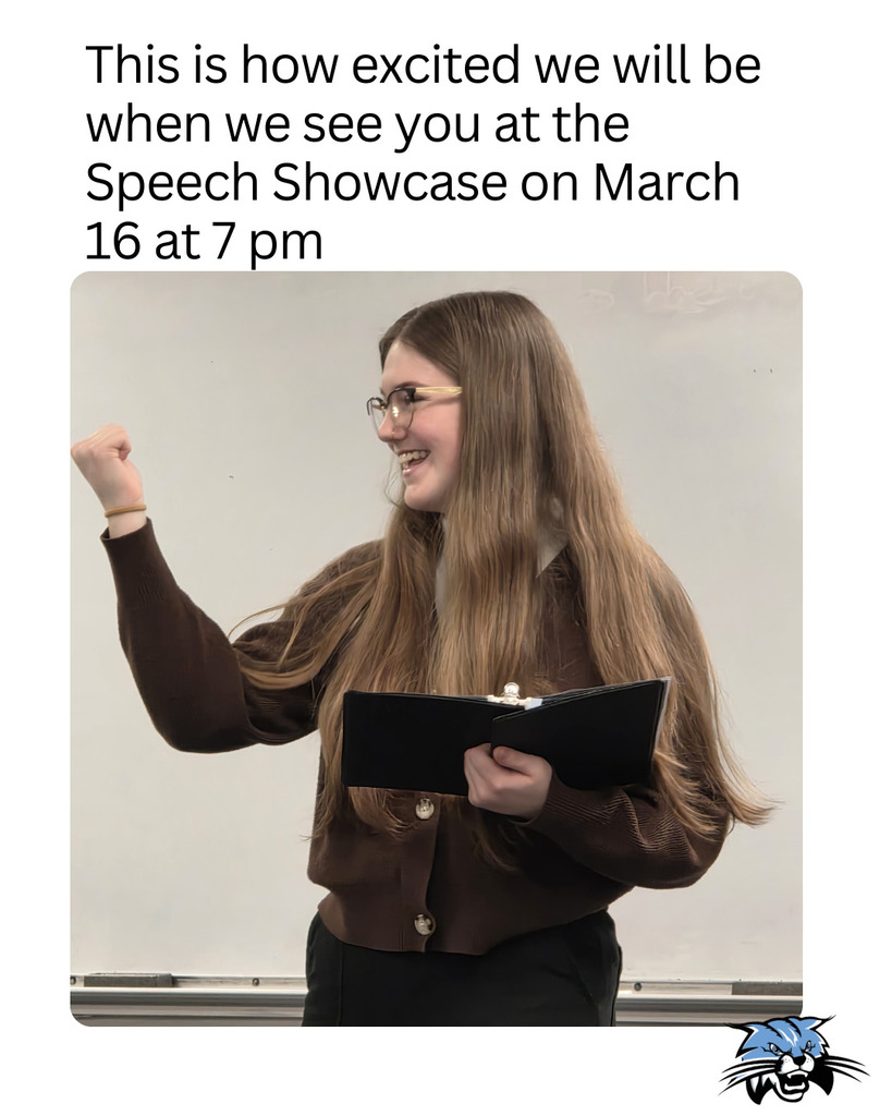 A meme that reads "This is how excited we will be when we see you at the Speech Showcase on March 16 at 7 pm" and it has a girl smiling and fist pumping