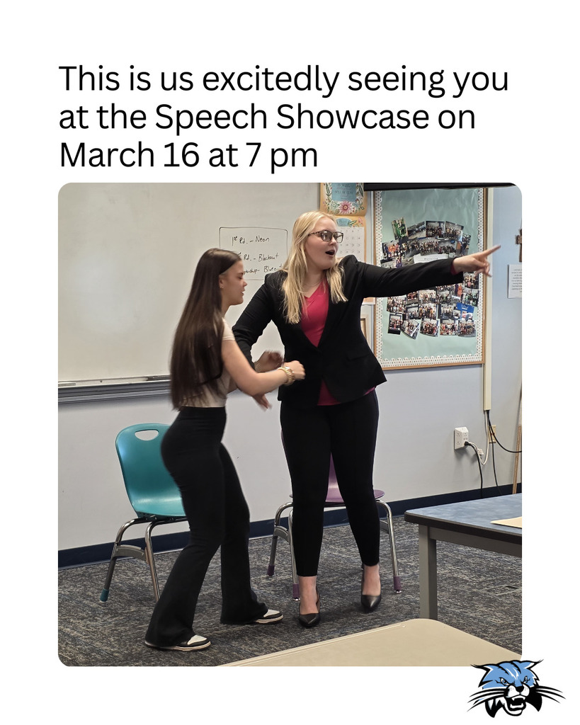 A meme that reads "This is us excitedly seeing you at the Speech Showcase on March 16 at 7 pm". It has one girl pointing off screen and another girl following her gaze.