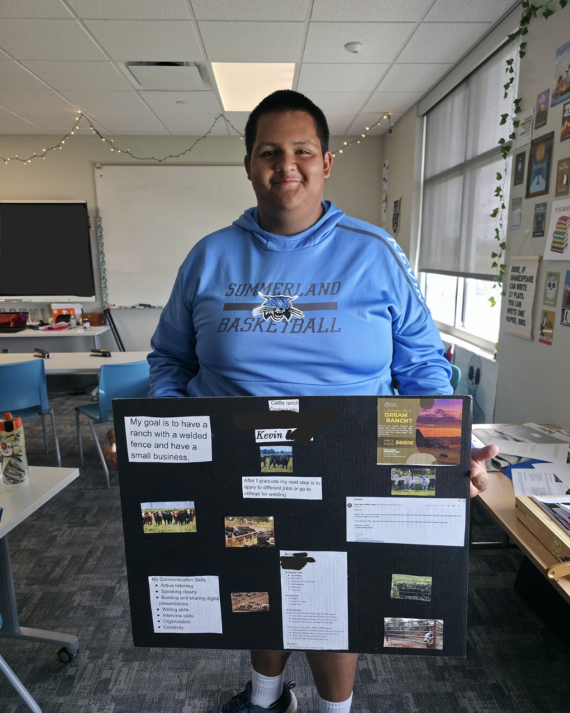 A senior in high school wearing a blue Bobcat basketball hoodie holds up a poster he made for his goal of working on a ranch.