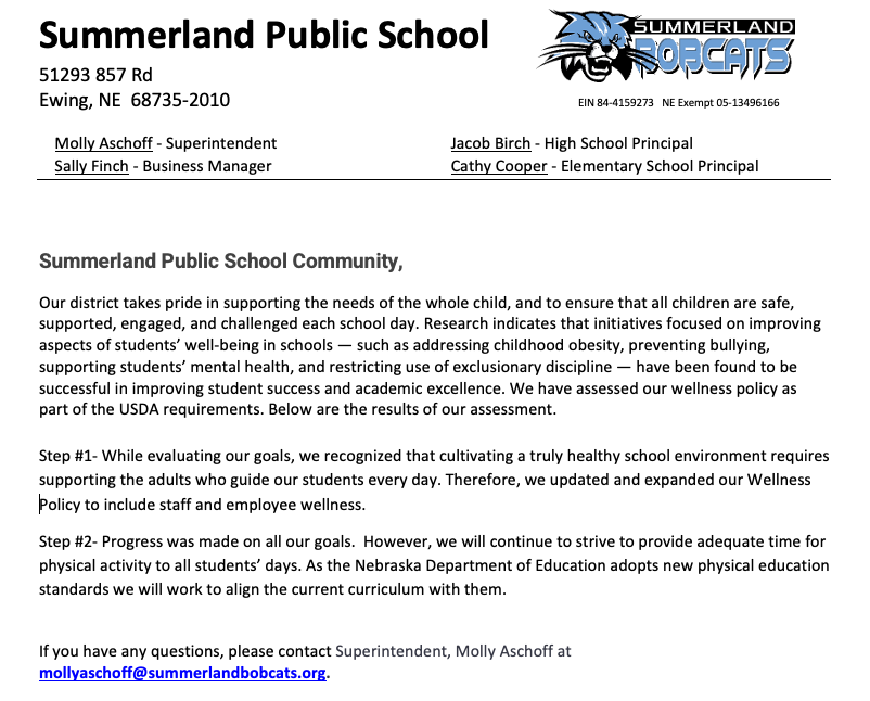 Letter on Wellness Policy Review