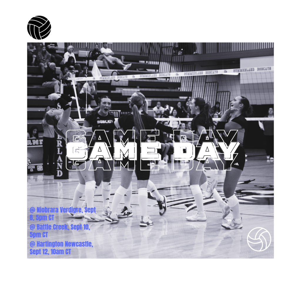 Volleyball players celebrating on the court with words overtop stating "Game day!" And a list of dates this week that the volleyball players will be playing.