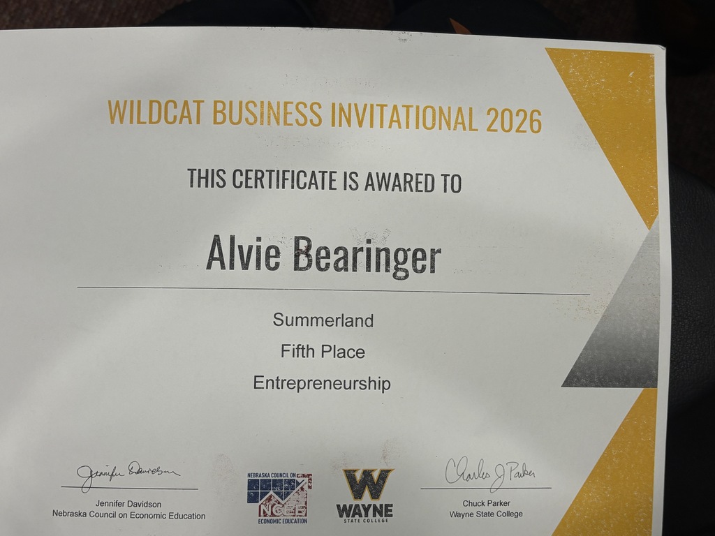 Alvie, Jack, Asher, Gracie, and Damien competed at Wayne state College Business Competition for FBLA Congratulations to Alvie for placing 5th in Entrepreneurship.