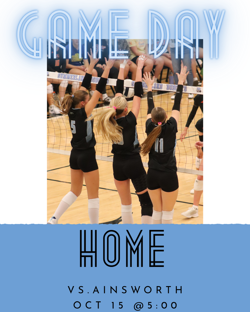 A volleyball team blocking the net, with words overtop that read "Game Day: Home vs Ainsworth Oct. 15 @ 5:00"