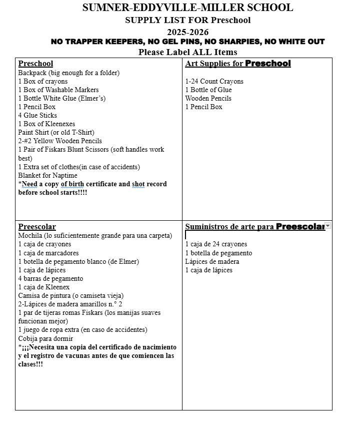 Preschool School Supply List