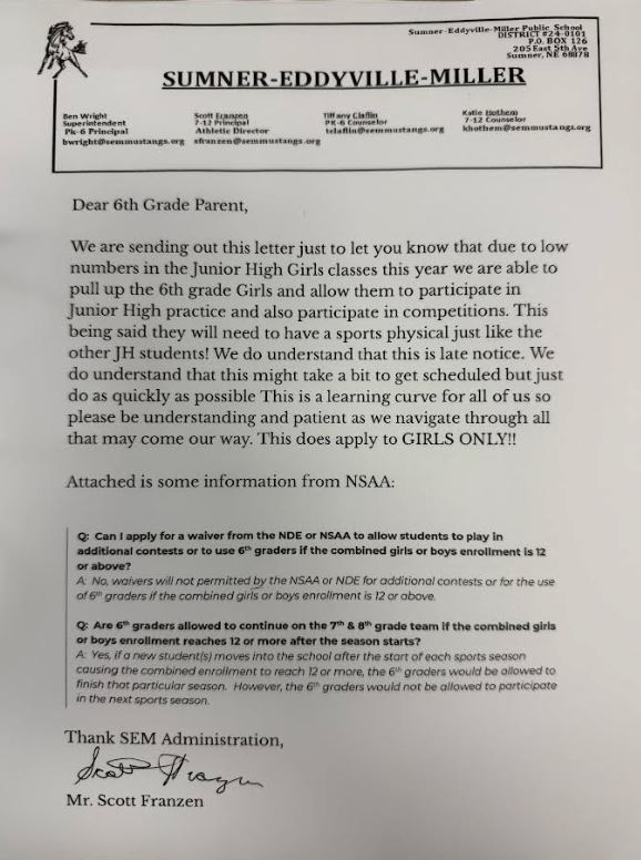 6th Grade Letter for Sports for Girls