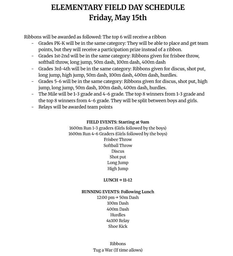 Elementary Field Day Schedule 2026