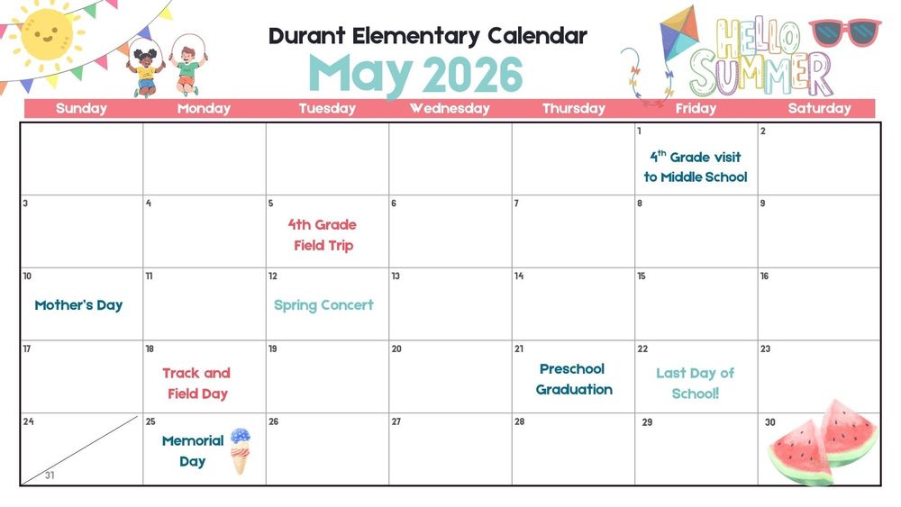 Durant May Calendar