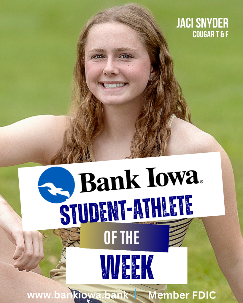 Bank Iowa Student-Athletes of the Week:  Kale Rucker & Jaci Snyder  Kale opened up his sophomore track and field season with a personal best time of 24.39 in the 200 Meters at the Dickinson Relays.  He is a great teammate, extremely coachable, and works hard at practice.  Kale is a dedicated participant at morning Strength and Conditioning sessions, a multi-sport athlete that competes in football and baseball at SFHS.  He is also a Honor Roll student and was recently selected for induction into the National Honor Society.  Jaci opened her junior season by competing in the 1500 Meters at the Dickinson Relays and has become a leader on the Girls Track and Field team.  She is a positive influence on her teammates by always working hard in practice and offering encouragement to others.  Jaci has become a dedicated participant at morning Strength and Conditioning sessions and also competes in Cross Country.  She is an Honor Roll student and recently selected for induction into the National Honor Society.