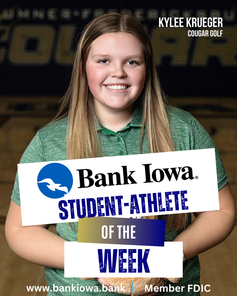 Bank Iowa Student-Athletes of the Week: Kylee Krueger & Jace Brinkman "Kylee, a junior and a three year varsity golfer, had a great opening performance at South Hardin this past week posting a meet low score of 45 and earning medalist honors. She was a member of both the 2024 State Champion and 2025 3rd place teams and brings a lot of experience to the team. Kylee brings a lot of positivity and leadership to the team, a good attitude and is very supportive of her teammates." -Coach Krueger "Jace had a great night at the Independence Relays. He anchored the Sprint Medley Relay to a 3rd Place finish, won gold in the 400 Meters while also setting a meet record with a time of 52.07. Jace also placed 2nd in the 200. He is an honor roll student and was recently inducted into the National Honor Society. Jace also competes in football, basketball and baseball." -Coach Leete