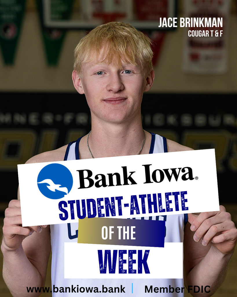 Bank Iowa Student-Athletes of the Week: Kylee Krueger & Jace Brinkman "Kylee, a junior and a three year varsity golfer, had a great opening performance at South Hardin this past week posting a meet low score of 45 and earning medalist honors. She was a member of both the 2024 State Champion and 2025 3rd place teams and brings a lot of experience to the team. Kylee brings a lot of positivity and leadership to the team, a good attitude and is very supportive of her teammates." -Coach Krueger "Jace had a great night at the Independence Relays. He anchored the Sprint Medley Relay to a 3rd Place finish, won gold in the 400 Meters while also setting a meet record with a time of 52.07. Jace also placed 2nd in the 200. He is an honor roll student and was recently inducted into the National Honor Society. Jace also competes in football, basketball and baseball." -Coach Leete