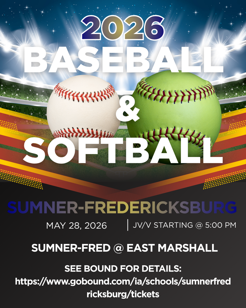 It’s officially “leave work early for a ballgame” season. The soundtrack of summer: 3:30 & 5:30 Home game startsAluminum bat noises Ball park songsParents and fans cheering Cougar Baseball & Softball are back at it this week!Upcoming SFHS Events the week of May 25 May 25: No EventsMay 26: JV/V Baseball/Softball vs DNH (SB: JV @ 3:30 & Varsity to follow. Varsity BB will play at 5 pm)May 27: No EventsMay 28: JV/V SB/BB @ East Marshall 5 pmMay 29: JV/V SB vs West Central 3:30 pm. JV/V BB vs Waukon 3:30 pmMay 30: Jesup Softball Classic @ Jesup 9:00 amMay 31: No Events Full Calendar and Details: https://www.gobound.com/ia/schools/sumnerfredricksburg