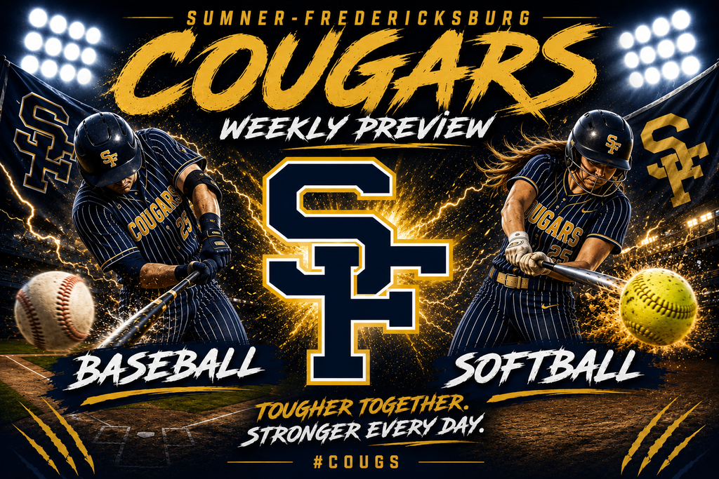Cougar Baseball and Softball for the week of June 1:  Monday: JV/V Baseball home vs G-R, 3:30 pm Tuesday: JV/V BB & SB at Grundy Center, 5 pm Thursday: JV/V BB & SB home vs Hudson (Youth Night- Free entry for SF students and CBF malts for purchase),  3:30 pm Friday: JV/V Baseball home vs Starmont,  3:30 pm. V Softball at NF-V Tournament. Saturday: V Softball at NF-V Tournament.   Reminders:  1. Tickets can be pre-purchaed on Bound or at the gate with a card. 2. No animals are allowed at our facilities for games. Your pets will be more comfortable cheering on the Cougars  at home  GO COUGS!!!!