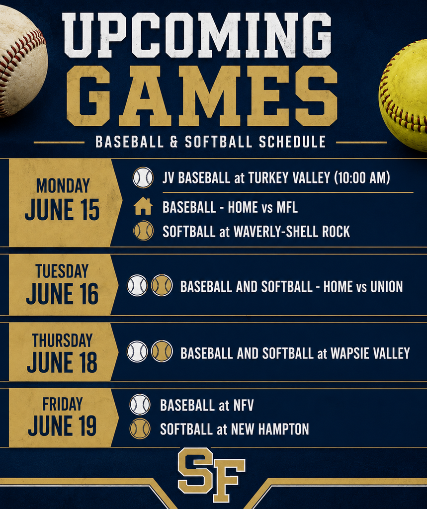 Upcoming SF Baseball & Softball Events Monday, June 15 JV Baseball at Turkey Valley – 10:00 a.m. Varsity Baseball vs. MFL (Home) Varsity Softball at Waverly-Shell Rock Tuesday, June 16 Baseball vs. Union (Home) Softball vs. Union (Home) Thursday, June 18 Baseball at Wapsie Valley Softball at Wapsie Valley Friday, June 19 Baseball at NFV Softball at New Hampton