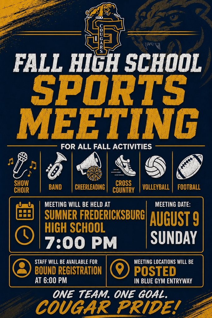 Fall 9β12 sport registration at Sumner Fredericksburg high school at 7 PM August 9. Bound registration help will be available at 6 PM.
