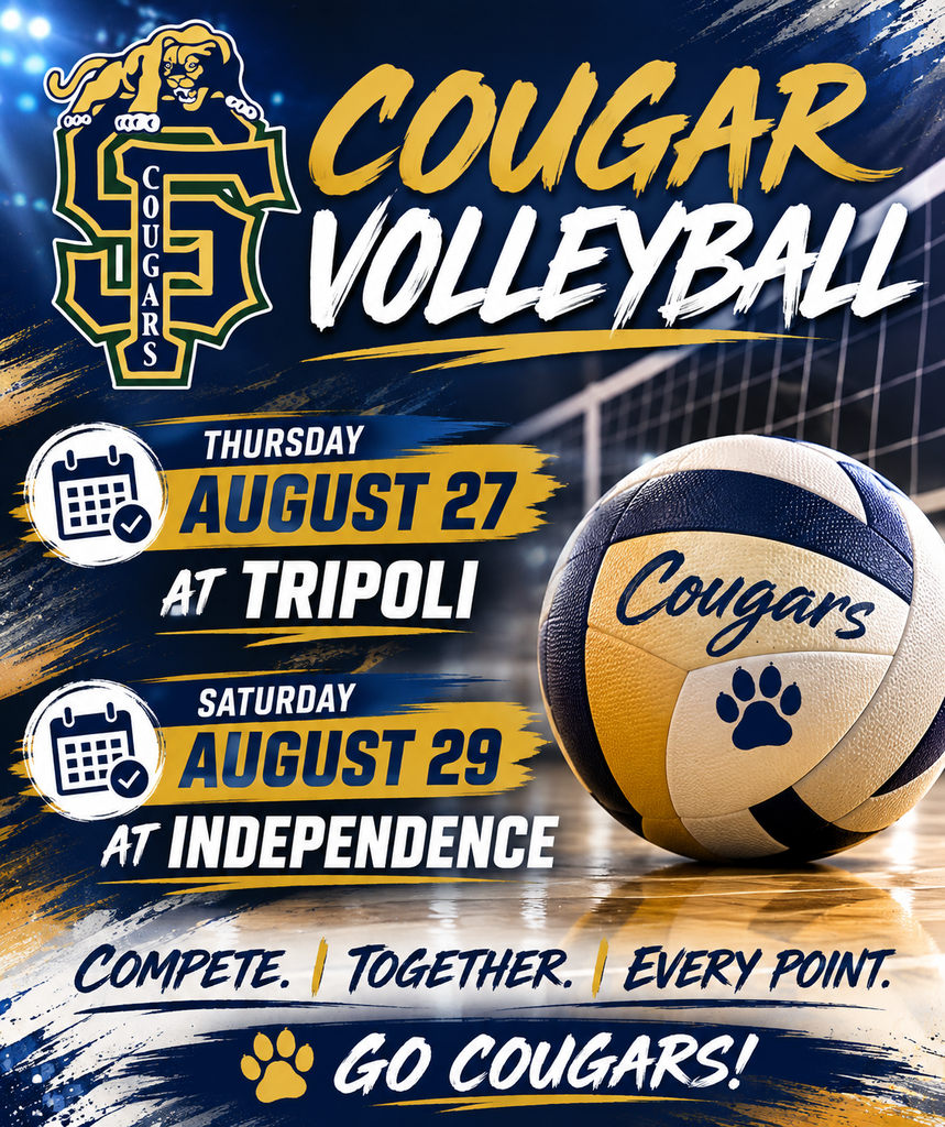 Summer had a good run…but the Cougars are back. IT’S OFFICIALLY GAME WEEK, COUGAR NATION! The wait is over and the Cougars are ready to compete! Check out this week’s event previews and come out to support our student-athletes as we kick off another season of Cougar athletics. Go Cougars! XC @ Anamosa on Aug 29, VB at Tripoli Aug. 27 and @ Indee Aug. 29. FB @ South Winn on Aug. 28 JJV @ 4:30 and Varsity @ 7 pm