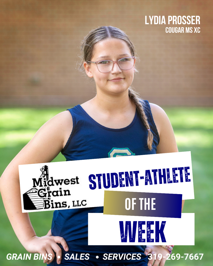 Midwest Grain Bins SFMS Student-Athletes of the Week: Lydia Prosser and Kreed Meyer . "Lydia is our only returning cross country runner and has shown great leadership with all of the new runners this year. She has been improving her time each practice and can't wait to get to a cross country meet to show off her speed!" - Coach Sorenson "Kreed consistently brings a strong work ethic and positive attitude to practice each day. He leads by example through his effort, toughness, and willingness to do whatever is needed to help the team. Kreed is a great teammate who encourages those around him and can always be counted on to give his best. His hard work, leadership, and team-first attitude make him a great example of what we want from our student-athletes." - Coach Volker