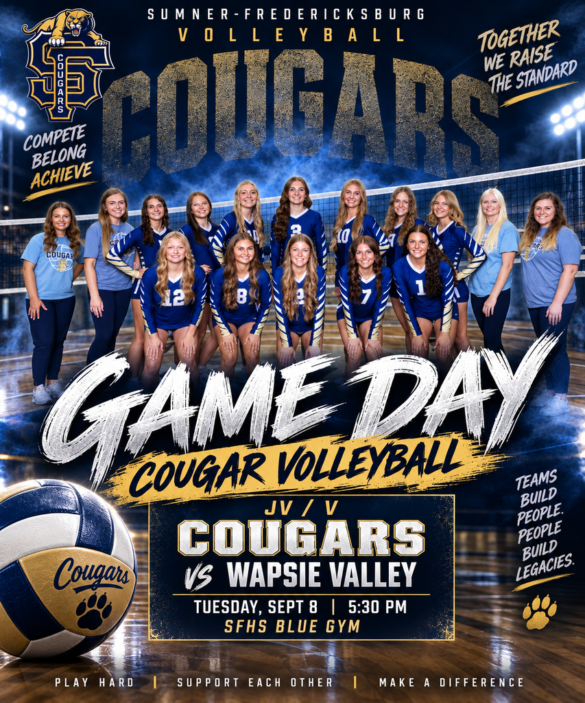 Upcoming S-F High School Events the week of Sept. 7: Sept 7: No Events Sept 8: JV/V VB (home) vs Wapsie Valley 5:30 pm Sept 9: No Events Sept 10: XC @ NFV 4:30 pm Sept 11: JJV/V FB @ NFV 5:00/7:30 pm Sept 12: Sept 13: No events
