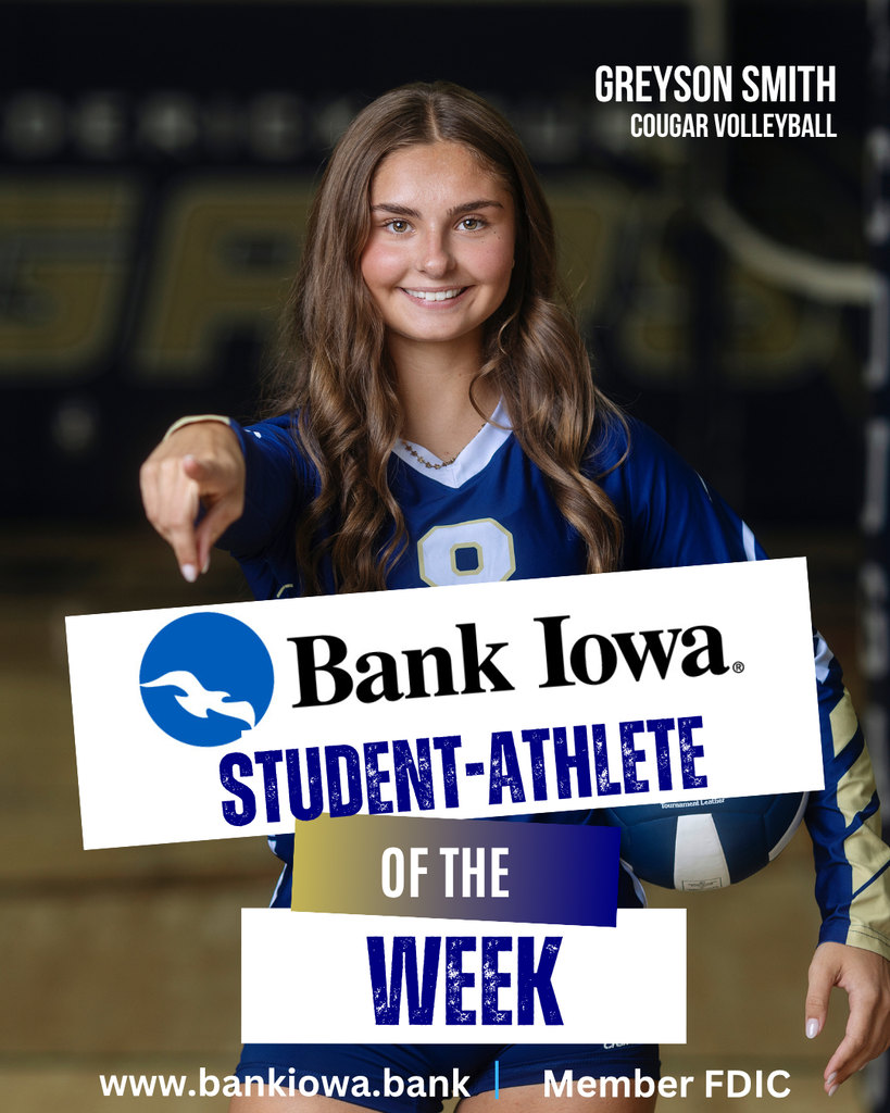 Bank Iowa SFHS Student-Athletes of the Week: Alyssa Delong and Greyson Smith "Alyssa performed the fight song by herself Thursday night at our first home game. As a freshman, stepping up and performing the fight song alone in front of a home crowd can be intimidating, but Alyssa handled it with confidence and did a great job. We are excited to see her continue to grow throughout the season!" - Coach Volker "Greyson has been our rock on defense for years, and having her as a senior leader this season has meant everything to the team. She’s the kind of player who stabilizes things on the court and shows up for everyone on the team. Greyson is constantly building people up, cheering on her teammates, and making sure everyone feels supported. She sets the tone for us every single day, and we’re so lucky to have her leading the way." - Coach Nuss