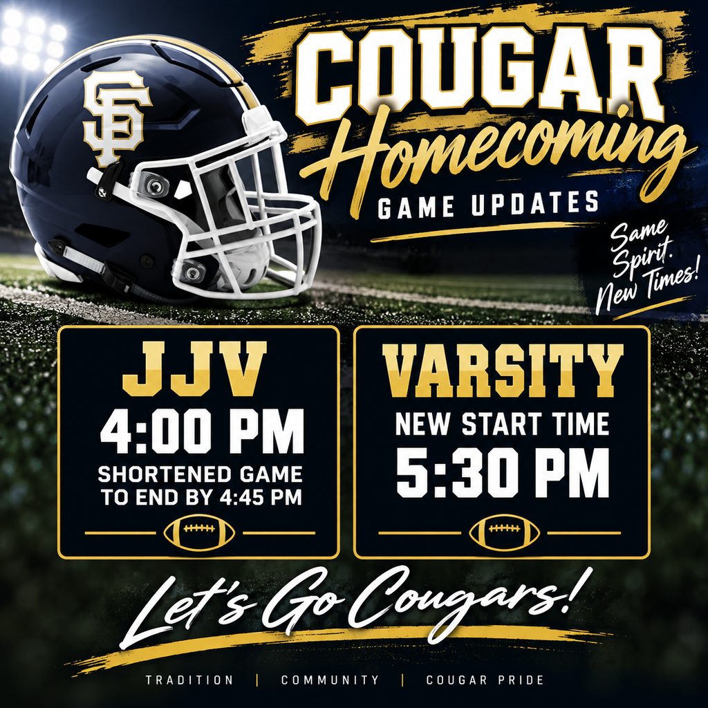 Due to forecasted thunderstorms tomorrow evening, we have updated Friday's game schedule to ensure the safety of our athletes, staff, and spectators. Updated Schedule 4:00 PM – JJV Kickoff (Shortened game, ends by 4:45 PM) 5:30 PM – Varsity Kickoff