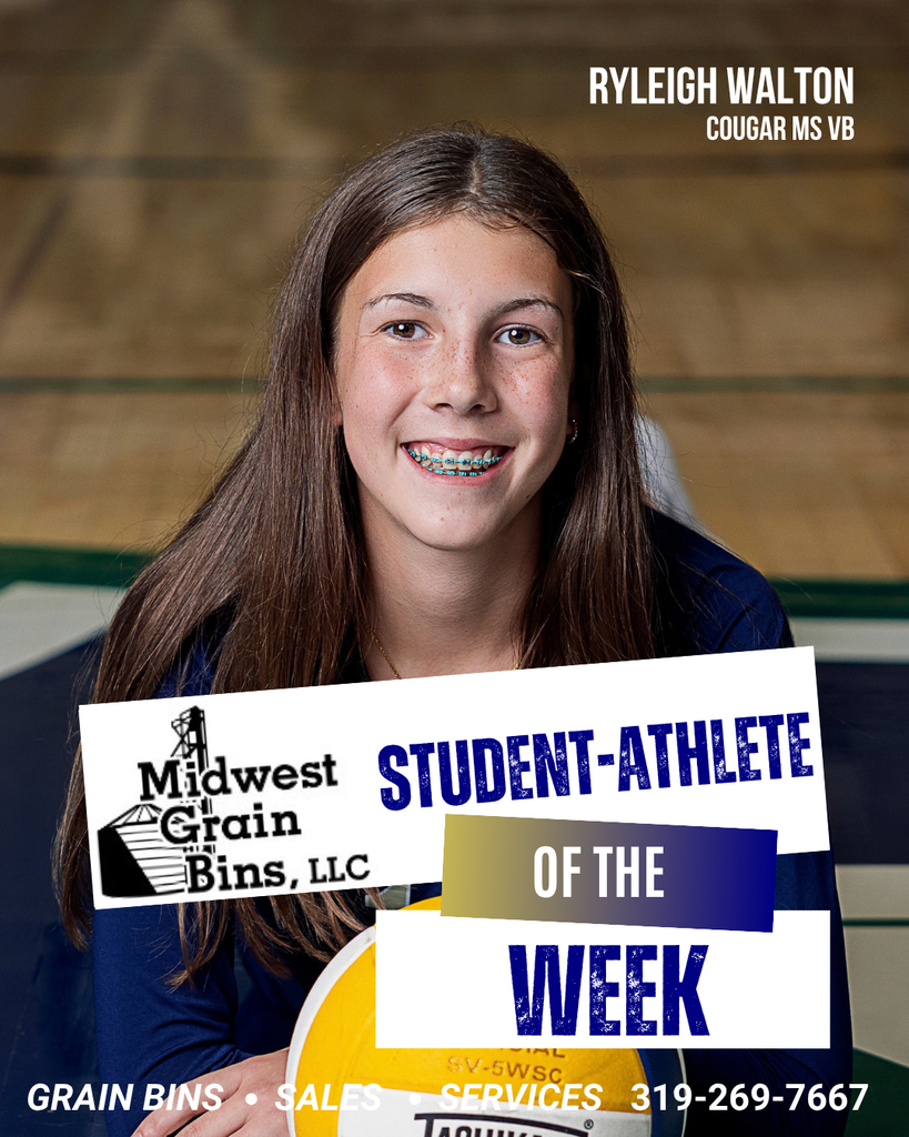 Midwest Grain Bins SFMS Student-Athletes of the Week:  Ryleigh Walton and Spencer Land  "Ryleigh has shown great leadership through the first few weeks of volleyball. She consistently puts in the work to improve, has a positive attitude, and is continuously encouraging her teammates. Ryleigh helps lead the court by communicating and doing whatever is needed to help the team. Her great start to the season includes the game winning ace to beat Denver this past Tuesday. " - Coach Njus  "Spencer is a natural leader who brings a great work ethic and positive attitude to the team each day. His versatility allows him to step into different roles and do whatever the team needs from him. Spencer was given a tough assignment against Oelwein this past week and responded with a strong performance. His hard work, leadership, and willingness to take on challenges make him a great example for his teammates." - Coach Volker