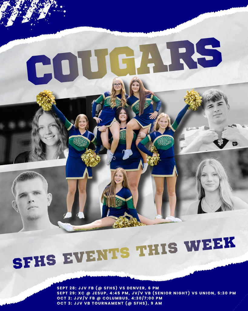 It's officially Fall, which means orange leaves. No thanks, I'll pass. We prefer NAVY & GOLD leaves at Sumner-Fredericksburg! Upcoming S-F High School Events the week of Sept. 28: Sept 28: JJV FB (home @ SFHS) vs Denver, 6 pm Sept 29: XC @ Jesup, 4:45 pm, JV/V VB (Senior Night at SFHS) vs Union, 5:30 pm. Oct 2: JJV/V FB @ Columbus, 4:30/7:00 pm Oct 3: JJV VB Tournament (home @ SFHS), 9 am