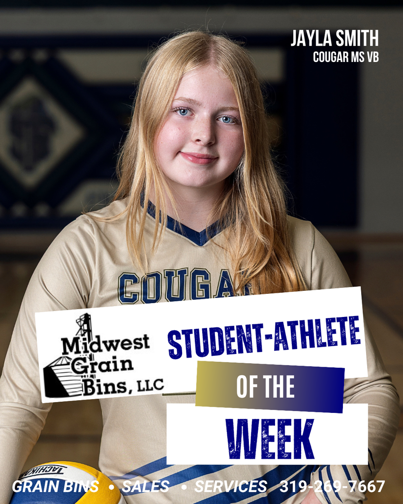 Midwest Grain Bins SFMS Student-Athletes of the Week:  Peyton DeSloover & Jayla Smith  “Jayla is a positive leader both in and out of the classroom. She strives to get better each day she is in the gym and always has a smile on her face. Jayla works hard to make those around her better." - Coach Sorenson  “Peyton brings positivity and great leadership to this team.  He is always upbeat and ready to tackle the next running route that we put in front of him.  He has set a personal record in each of the cross country meets that we have had this season.  Peyton will be a valuable teammate and a strong leader for next year's team as well.”  - Coach Sorenson & Coach Price