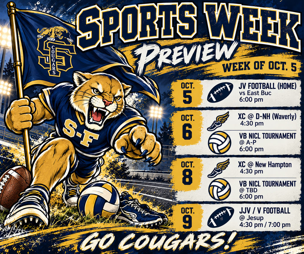 Upcoming S-F High School Events the week of Oct. 5: Oct 5: JV FB (home) vs East Buc, 6 pm Oct 6: XC @ D-NH (Waverly) 4:30 pm, VB NICL Tournament @ A-P, 6 pm Oct 7: No Events Oct 8: XC @ New Hampton, 4:30 pm, VB NICL Tournament @ TBD, 6 pm Oct 9: JJV/V FB @ Jesup 4:30/7:00 pm Oct 10: No Events Oct 11: No Events