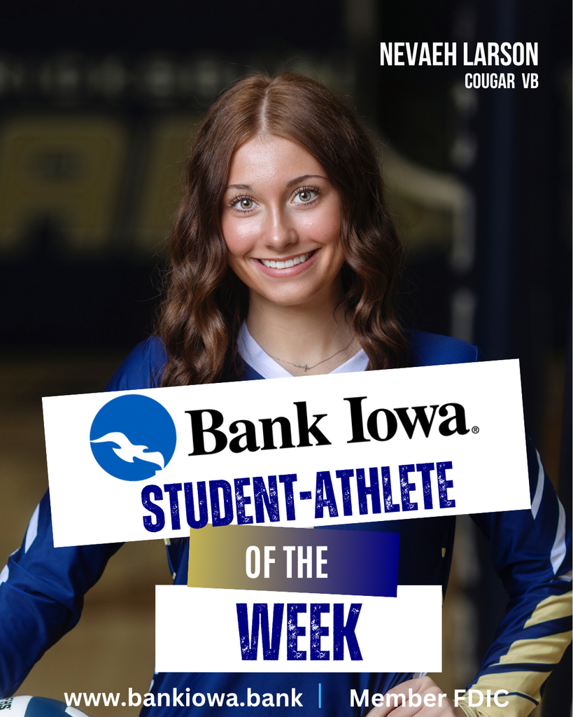 Bank Iowa SFHS Student-Athletes of the Week: Nevaeh Larson & Rain Robertson  "Nevaeh has stepped into a new role this season and is thriving. She’s leading the team in assists, consistently setting up her teammates and making the hardest plays look effortless. Her court vision, heart, and hustle set her apart. Nevaeh has proven that when you combine those qualities, it elevates the whole team." - Coach Mitchell  "Rain continues to step up when her team needs her most. She is a quiet leader and her hard work and determination are paying off as she pushes herself outside her comfort zone and gains confidence in every meet. We're excited to see her continued growth and what she can accomplish in the second half of the season! " - Coach Jones