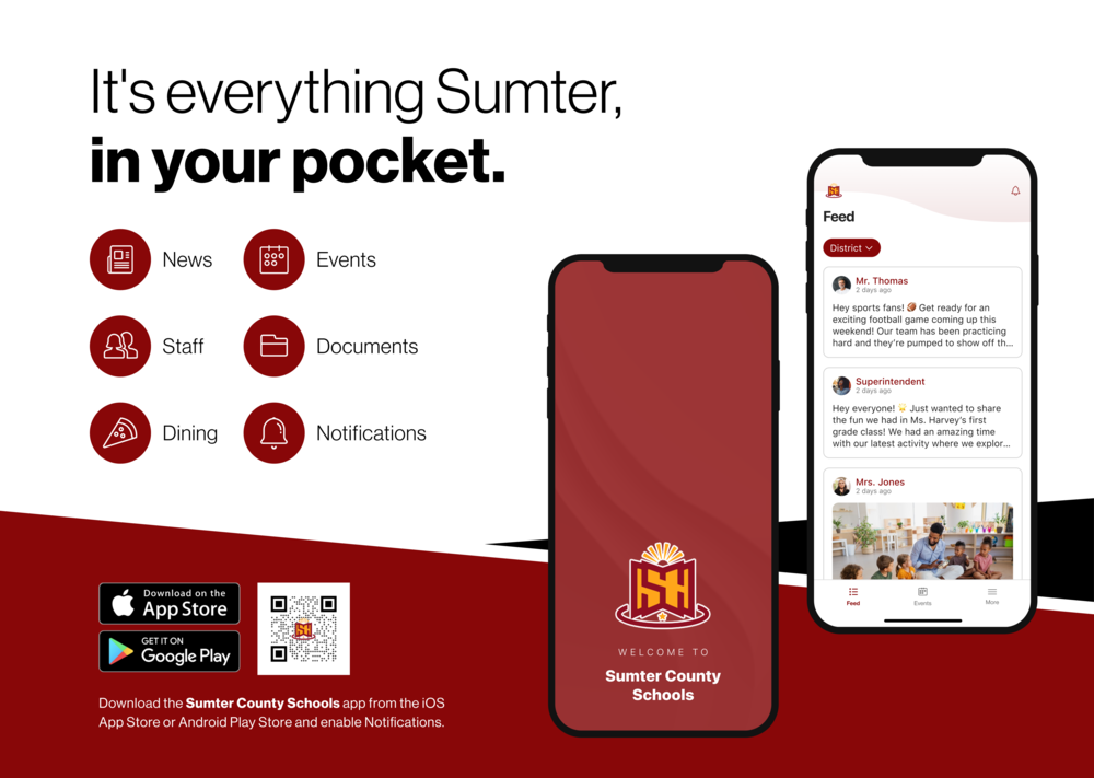 Alt text: Promotional image for the Sumter County Schools app, featuring three smartphones. The screens show a news feed, a welcome page, and event listings. Red icons for news, events, documents, staff, notifications, and dining are displayed. Text reads "It's everything Sumter, in your pocket." App store download buttons are at the bottom.