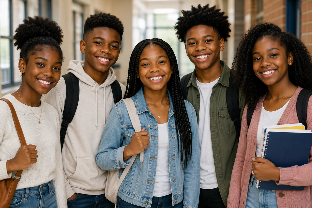 Students standing in a hallway.