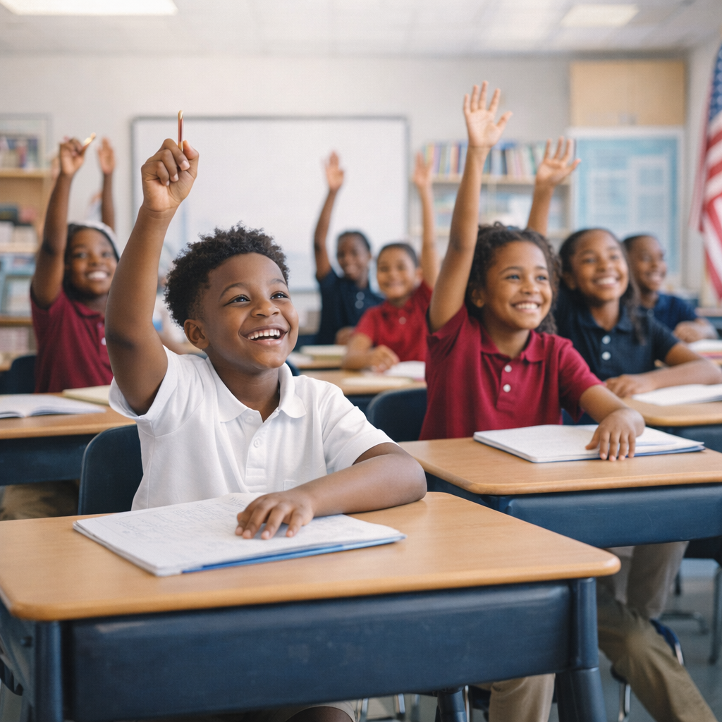 Excited students raising their hands.