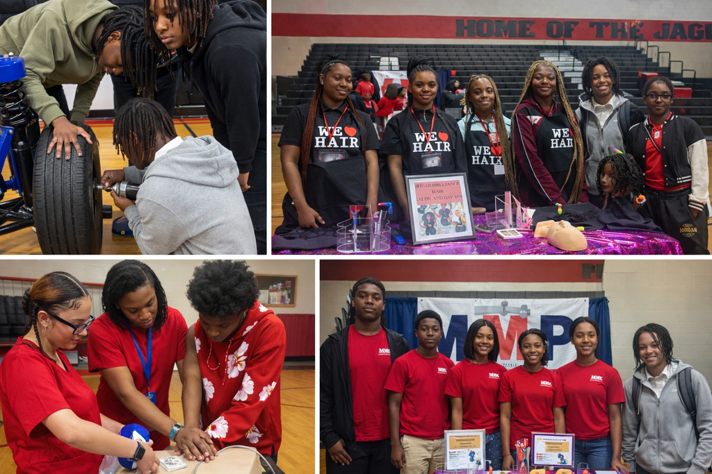 A collage of Career Technical Education students participating in hands-on activities including automotive repair, CPR training, manufacturing displays, and cosmetology demonstrations inside a school gymnasium.