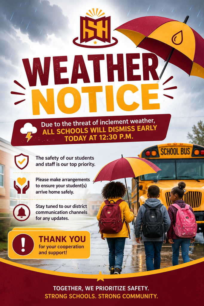 Weather notice flyer for Sumter County Schools featuring the district logo at the top with storm clouds and rain in the background. Large bold text reads “Weather Notice.” The flyer announces that all schools will dismiss early today at 12:30 p.m. due to the threat of inclement weather. A maroon and gold umbrella appears near the top, and three students wearing backpacks walk toward a yellow school bus while holding an umbrella in the rain. Safety reminders emphasize that student and staff safety is the district’s top priority, encourage families to make transportation arrangements, and advise parents to monitor district communication channels for updates. The bottom banner reads, “Together, We Prioritize Safety. Strong Schools. Strong Community