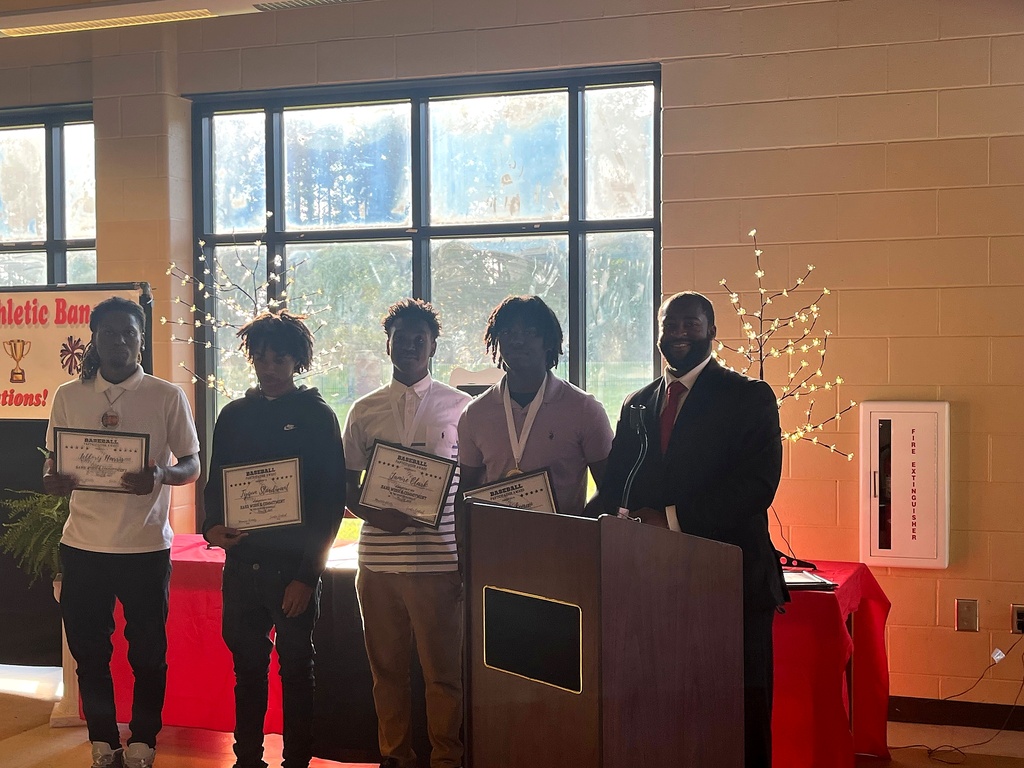 A series of photos from the Sumter Central High School Athletic Banquet held on May 4. Student-athletes stand in groups inside a decorated banquet hall while receiving awards, medals, plaques, and certificates for their athletic achievements. Coaches and presenters speak from a podium as students pose for recognition photos. Decorations include red and black table coverings, sports-themed displays, footballs, banners reading “Sumter Central Athletic Banquet,” and lighted decorative trees. The event celebrates student-athletes from multiple sports programs at Sumter Central High School.