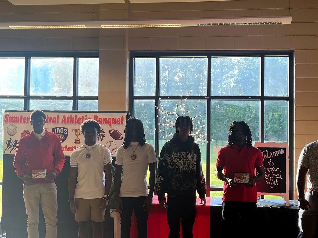 A series of photos from the Sumter Central High School Athletic Banquet held on May 4. Student-athletes stand in groups inside a decorated banquet hall while receiving awards, medals, plaques, and certificates for their athletic achievements. Coaches and presenters speak from a podium as students pose for recognition photos. Decorations include red and black table coverings, sports-themed displays, footballs, banners reading “Sumter Central Athletic Banquet,” and lighted decorative trees. The event celebrates student-athletes from multiple sports programs at Sumter Central High School.