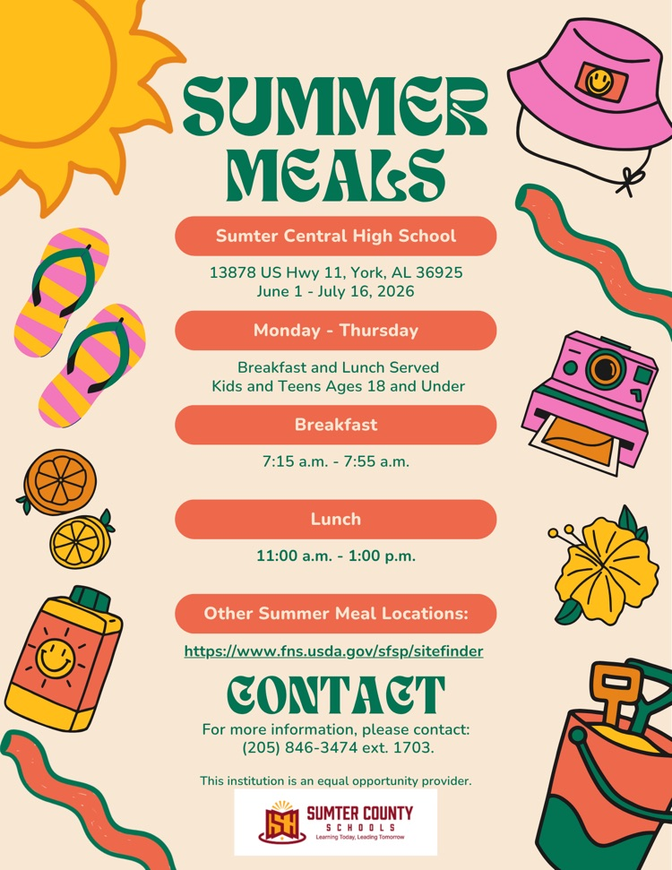 ☀️ Free summer meals are available for children and teens ages 18 & under this summer! Breakfast and lunch will be served at Sumter Central High School. 🍎🥪 #SummerMeals #SumterCountySchools