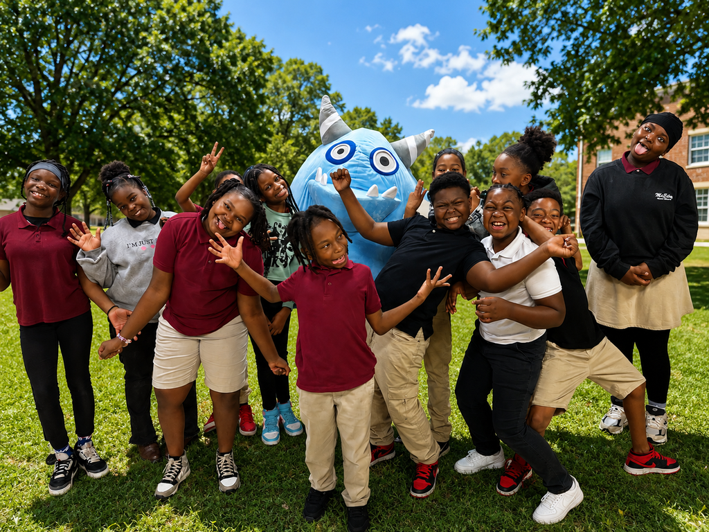 Alt Text: A group of smiling and energetic students pose outdoors on a grassy school campus with a large blue mascot character in the center. The students, dressed in school uniforms and casual attire, strike playful poses and laugh together under a bright blue sky surrounded by green trees. The image captures a joyful and spirited moment of friendship and school pride.