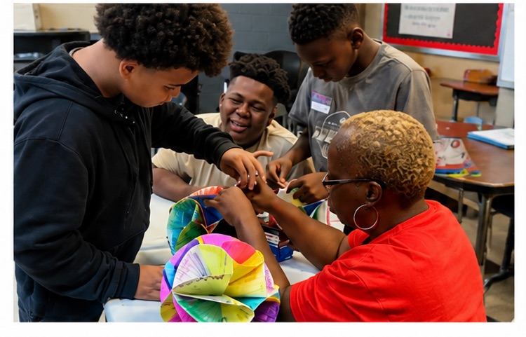 students working on their geodesic spheres with the teacher 