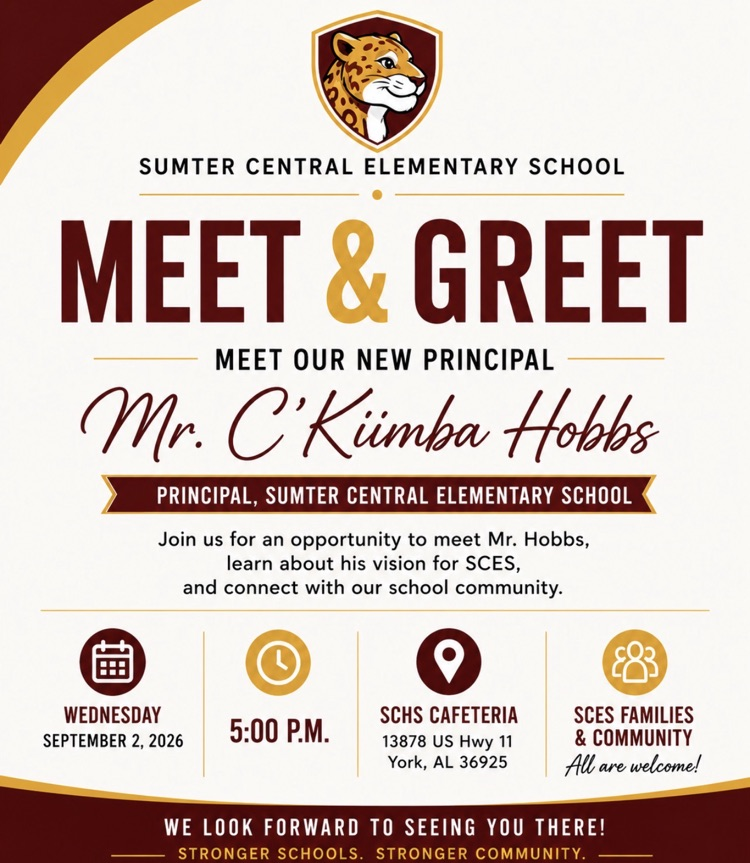 🐆 SCES Families & Community — You’re Invited! Join us Wednesday, September 2 at 5:00 p.m. for a Meet & Greet with our new SCES Principal, Mr. C’Kiimba Hobbs, in the SCHS Cafeteria. We look forward to seeing you there!