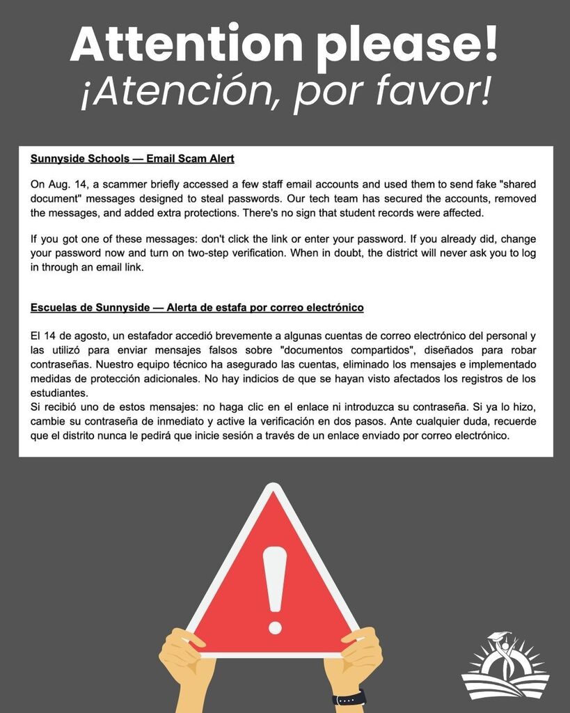 Sunnyside Schools — Email Scam Alert/Escuelas de Sunnyside — Alerta de estafa por correo electrónico