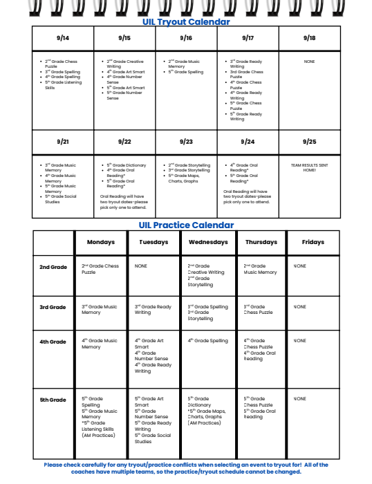 Tryout Calendar