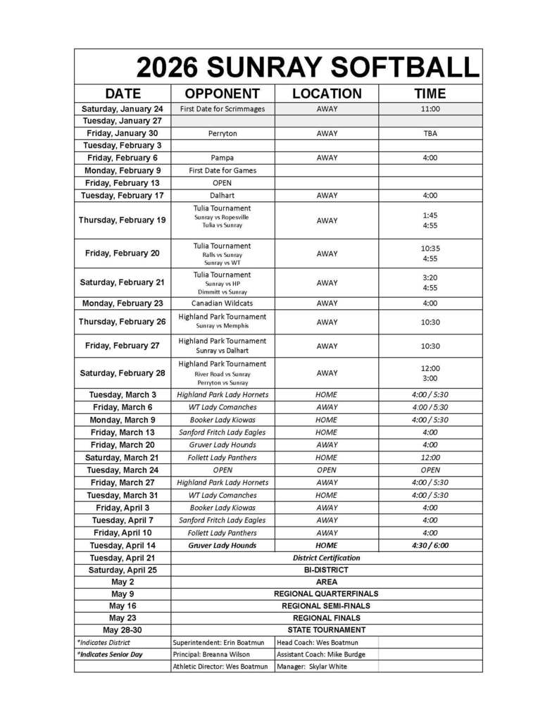 updated softball schedule