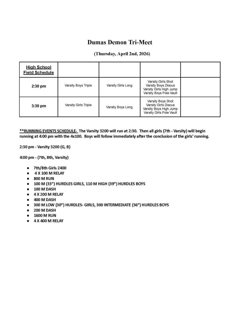 Dumas track schedule
