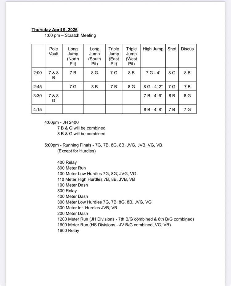 district track Thursday schedule 