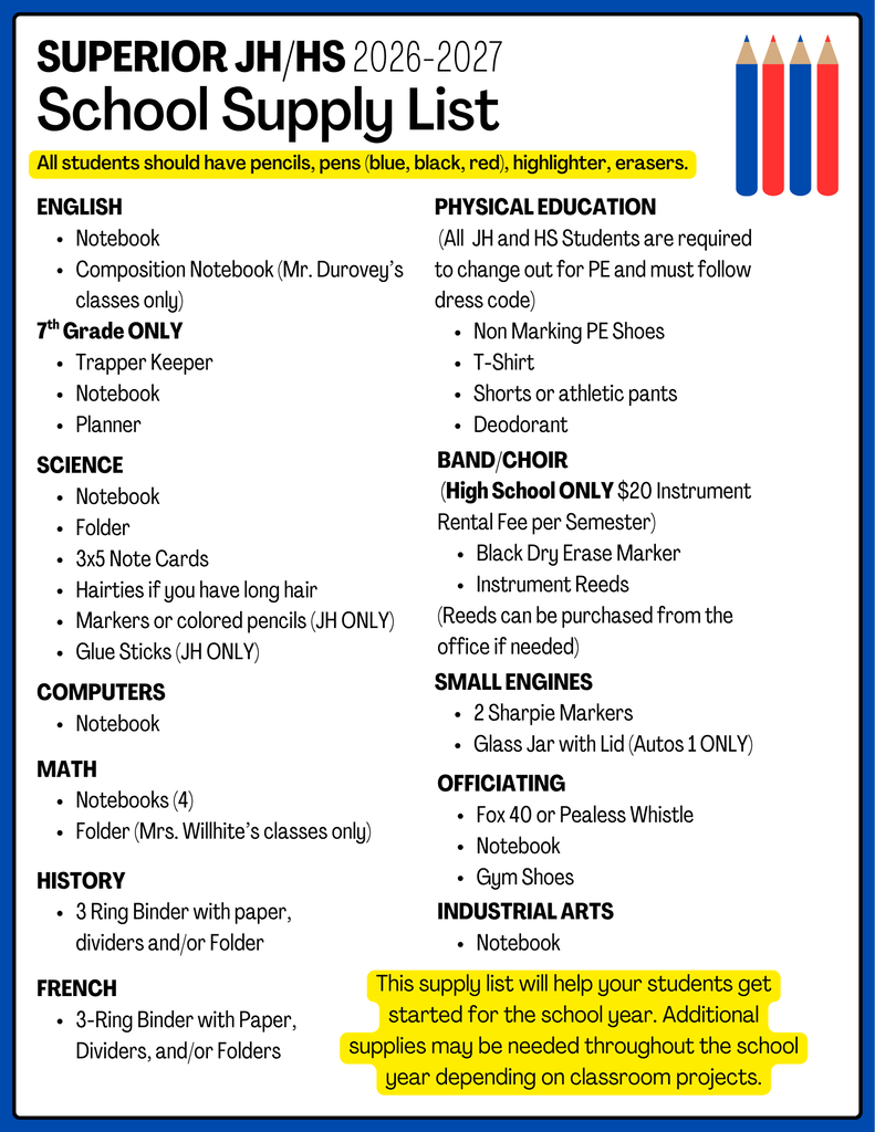 2026-2027 school supply list