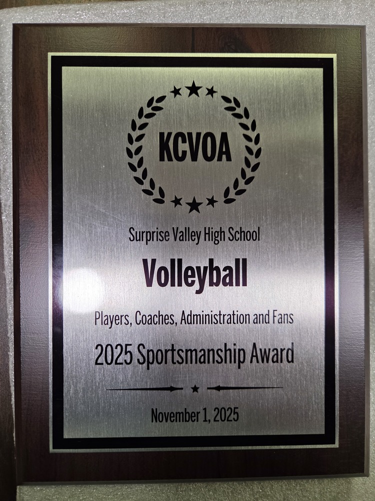 An award plaque honoring Surprise Valley 2025 Sportsmanship Award